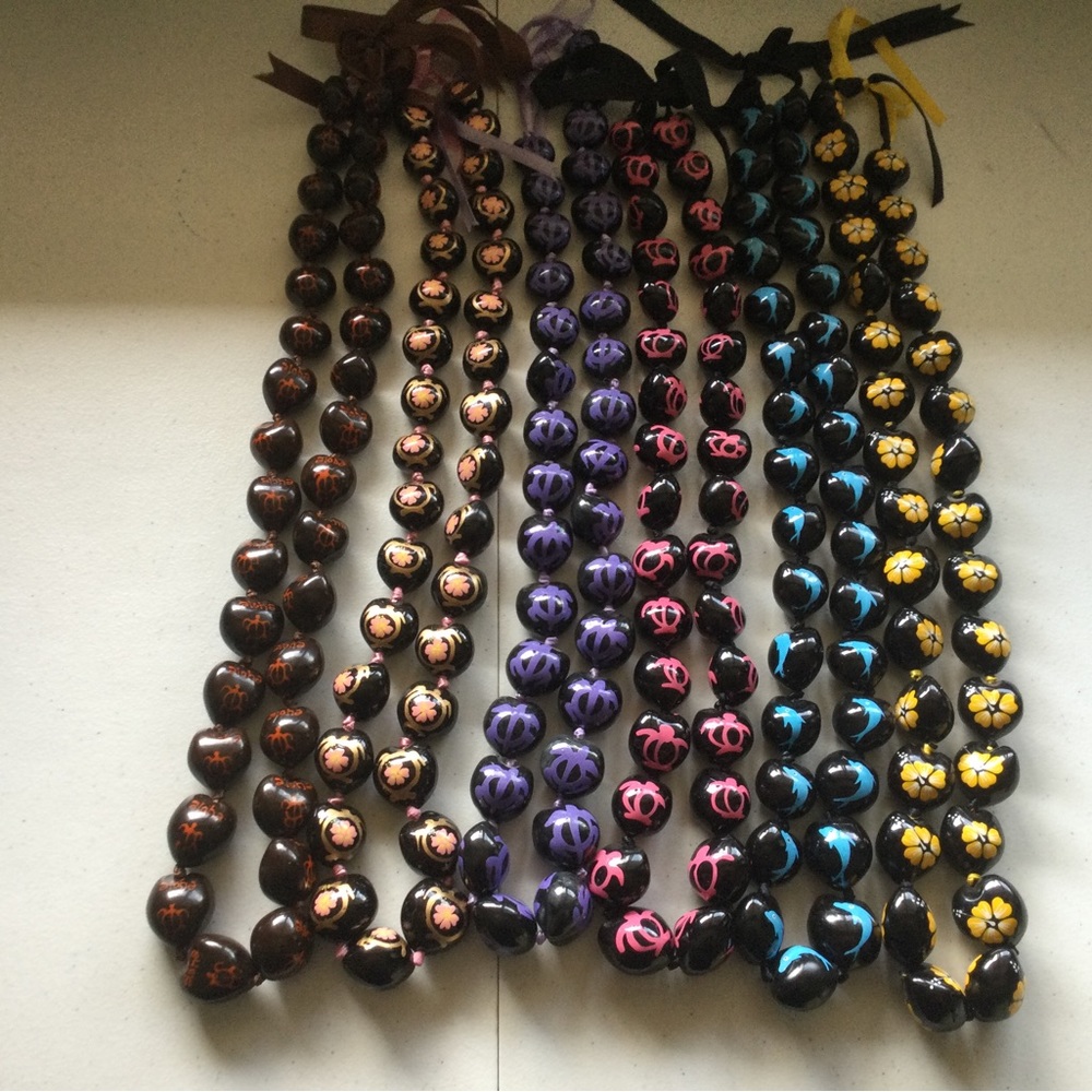 Bundle of 6 Hawaiian Kukui Nut Lei Necklaces flowers title dolphin